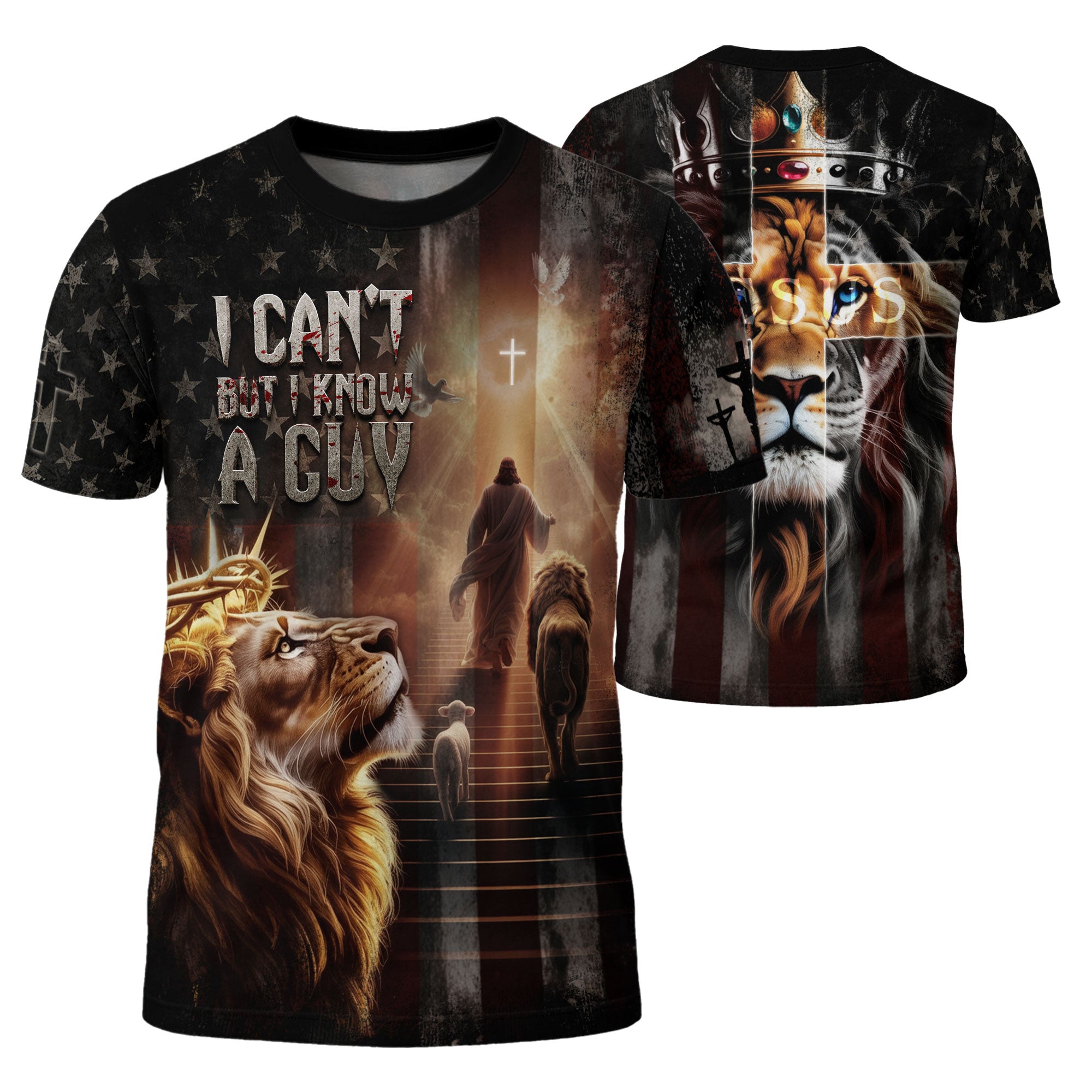 Christian Tee Shirts, I Can't But I Know A Guy Lion and Cross American Flag - Freedom Shirts for Men, RustField Co - Rust Field Wear