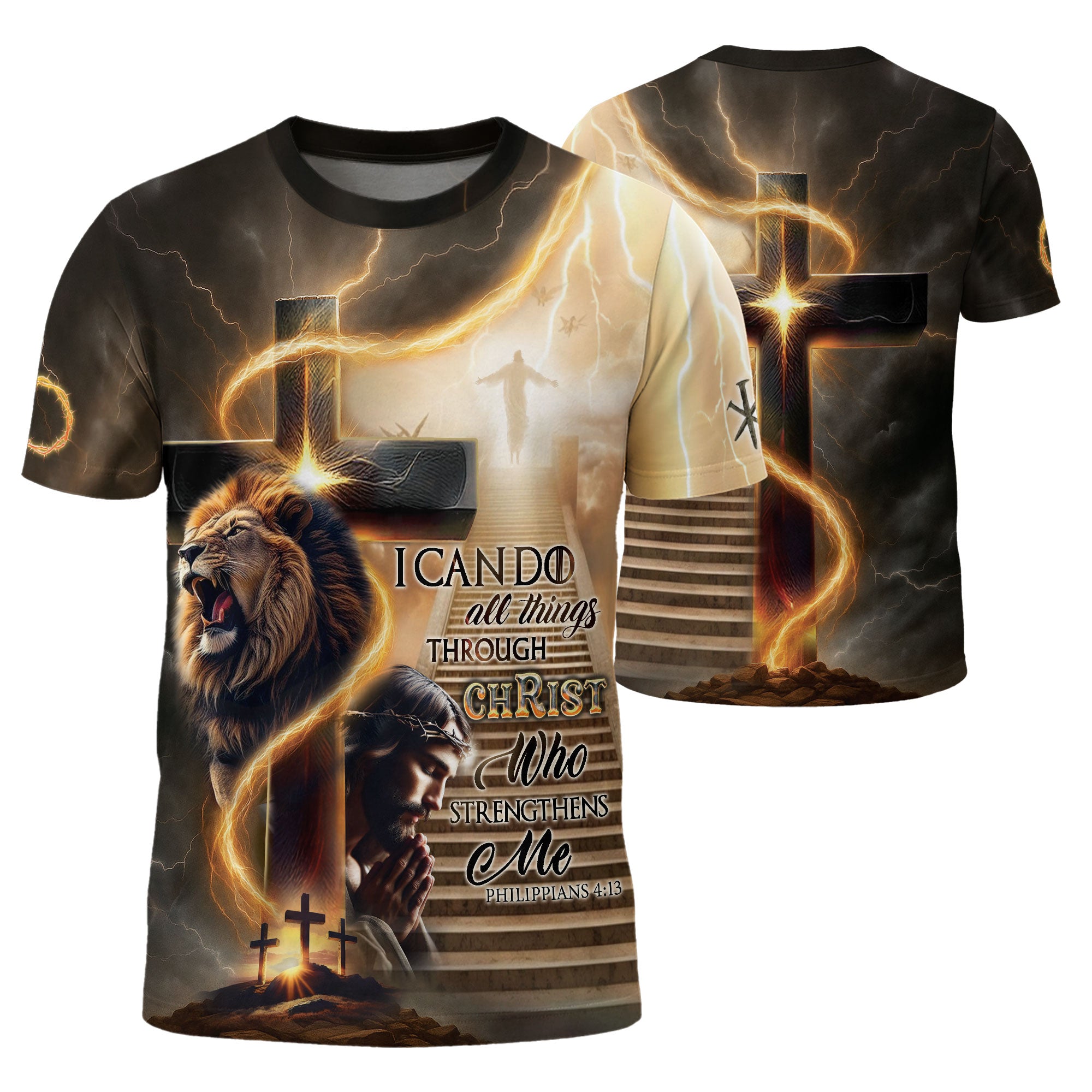 RustField Co Christian Tee Shirts - I Can Do All Things Through Christ Lion Cross Lightning, Freedom Shirts for Men - Rust Field Wear
