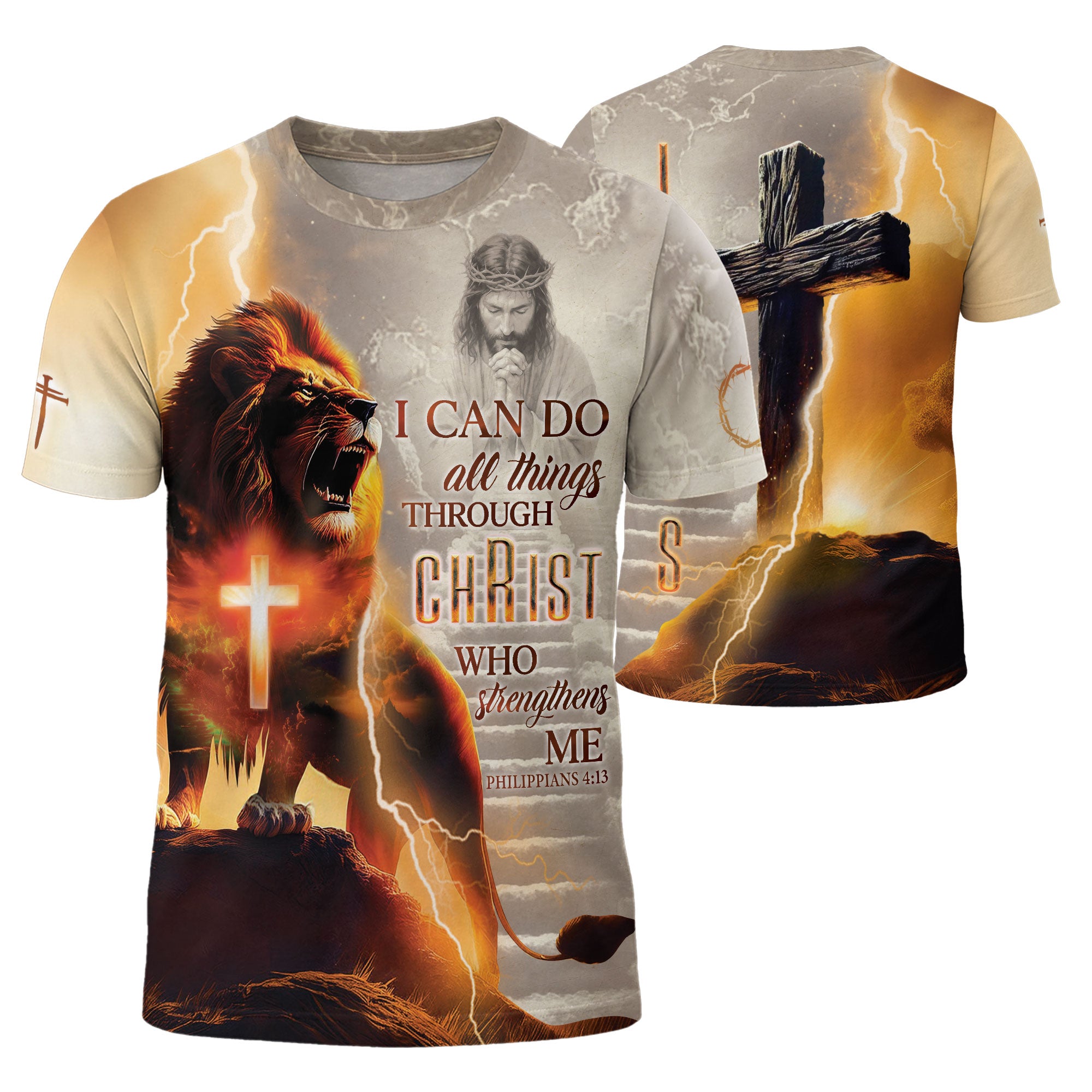 I Can Do All Things Through Christ Lightning Cross and Lion, Freedom Shirts - Christian Tee Shirts for Men, RustField Co - Rust Field Wear