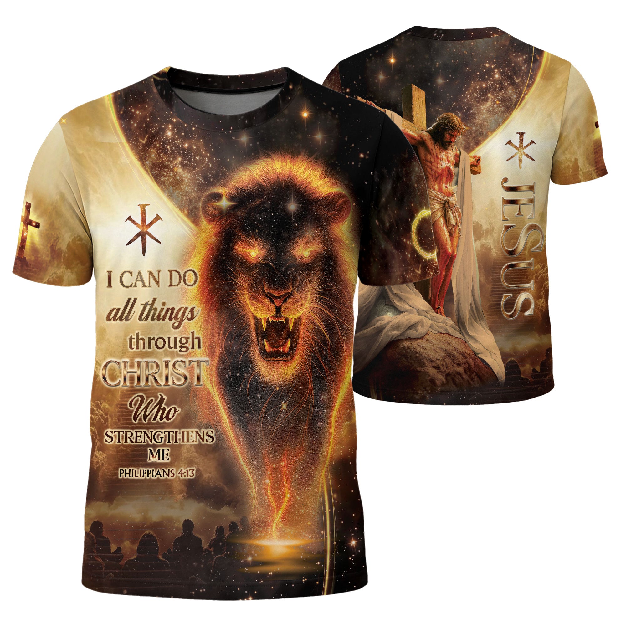 Christian Tee Shirts, I Can Do All Things Through Christ Lion and Cross - Freedom Shirts for Men, RustField Co - Rust Field Wear