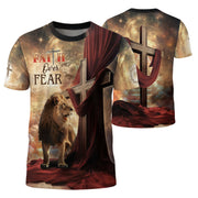Christian Tee Shirts for Men, RustField Co - Faith Over Fear Lion and Cross Drape, Freedom Shirts - Rust Field Wear