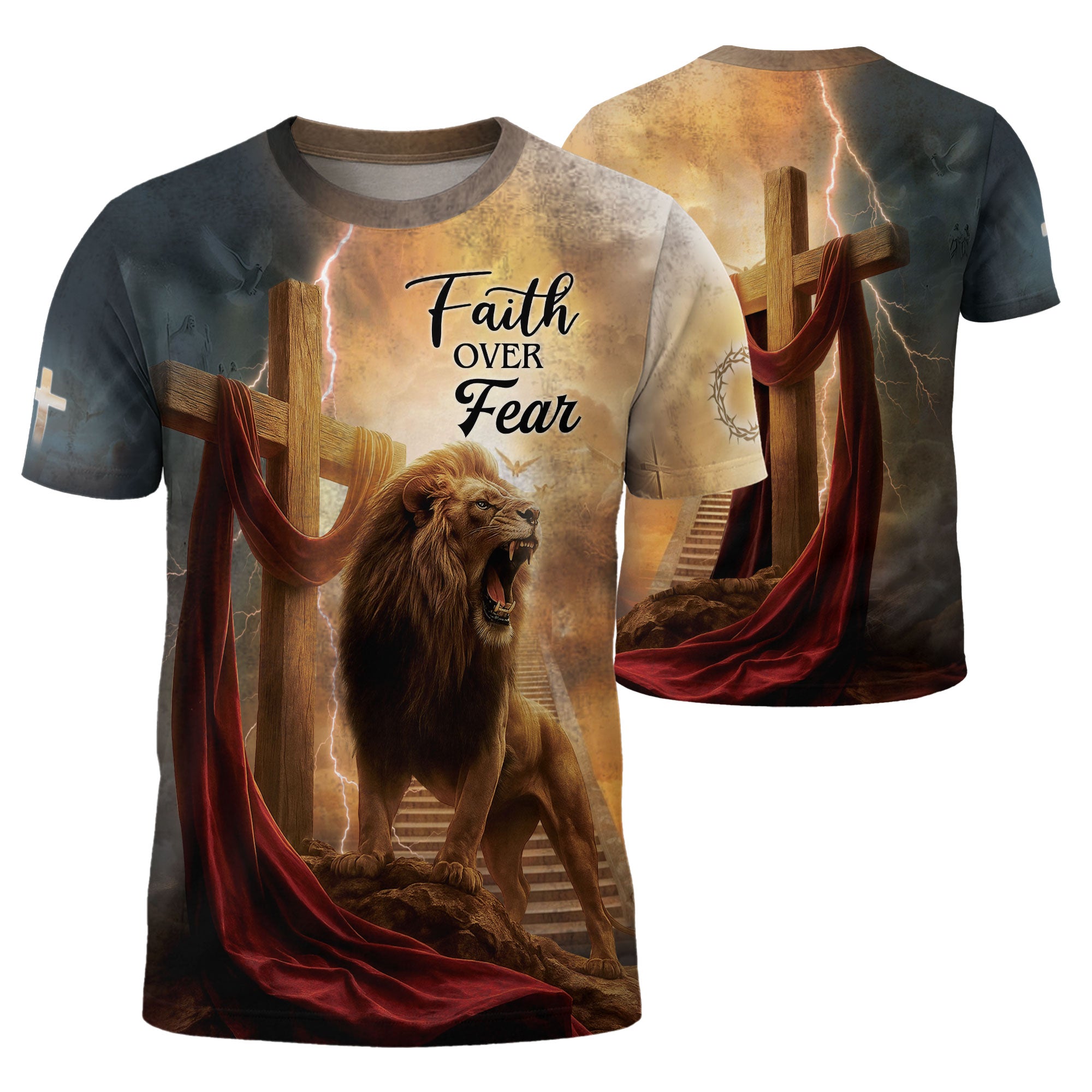 Christian Tee Shirts for Men - Faith Over Fear Lion Cross, RustField Co Freedom Shirts - Rust Field Wear