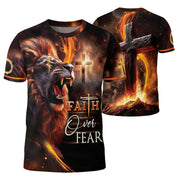 Faith Over Fear Fiery Lion and Cross Christian Tee Shirts - Freedom Shirts for Men, RustField Co - Rust Field Wear