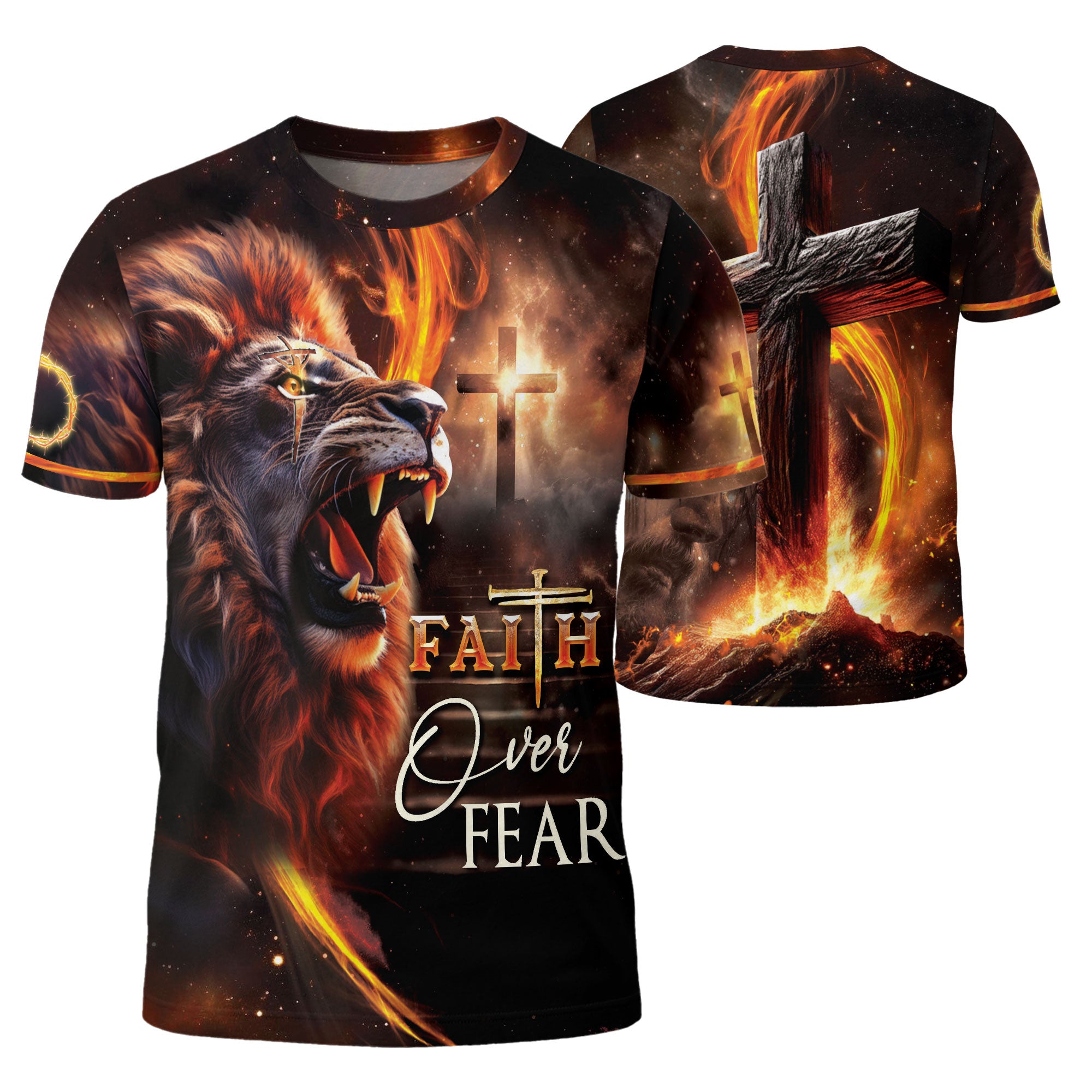 Faith Over Fear Fiery Lion and Cross Christian Tee Shirts - Freedom Shirts for Men, RustField Co - Rust Field Wear