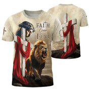 Freedom Shirts for Men, Faith Over Fear Jesus and Lion with Drape - Christian Tee Shirts, RustField Co - Rust Field Wear