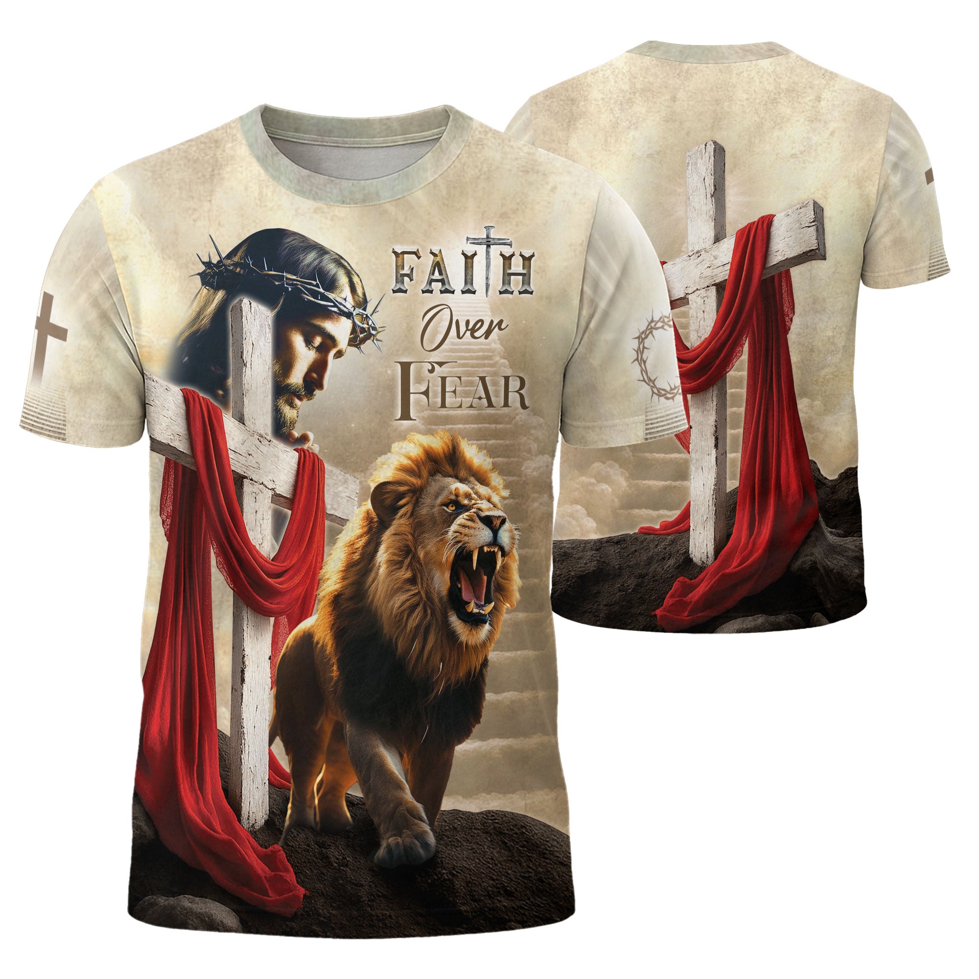 Freedom Shirts for Men, Faith Over Fear Jesus and Lion with Drape - Christian Tee Shirts, RustField Co - Rust Field Wear