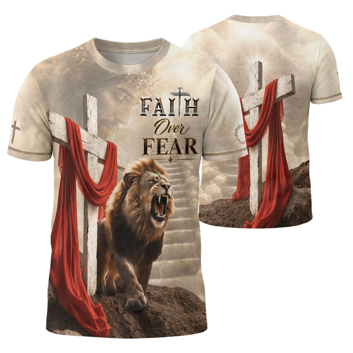 Freedom Shirts for Men, Faith Over Fear Jesus and Lion with Drape - Christian Tee Shirts, RustField Co - Rust Field Wear