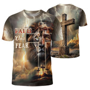 Christian Tee Shirts, Faith Over Fear Lion and Cross Lightning - Freedom Shirts for Men, RustField Co - Rust Field Wear