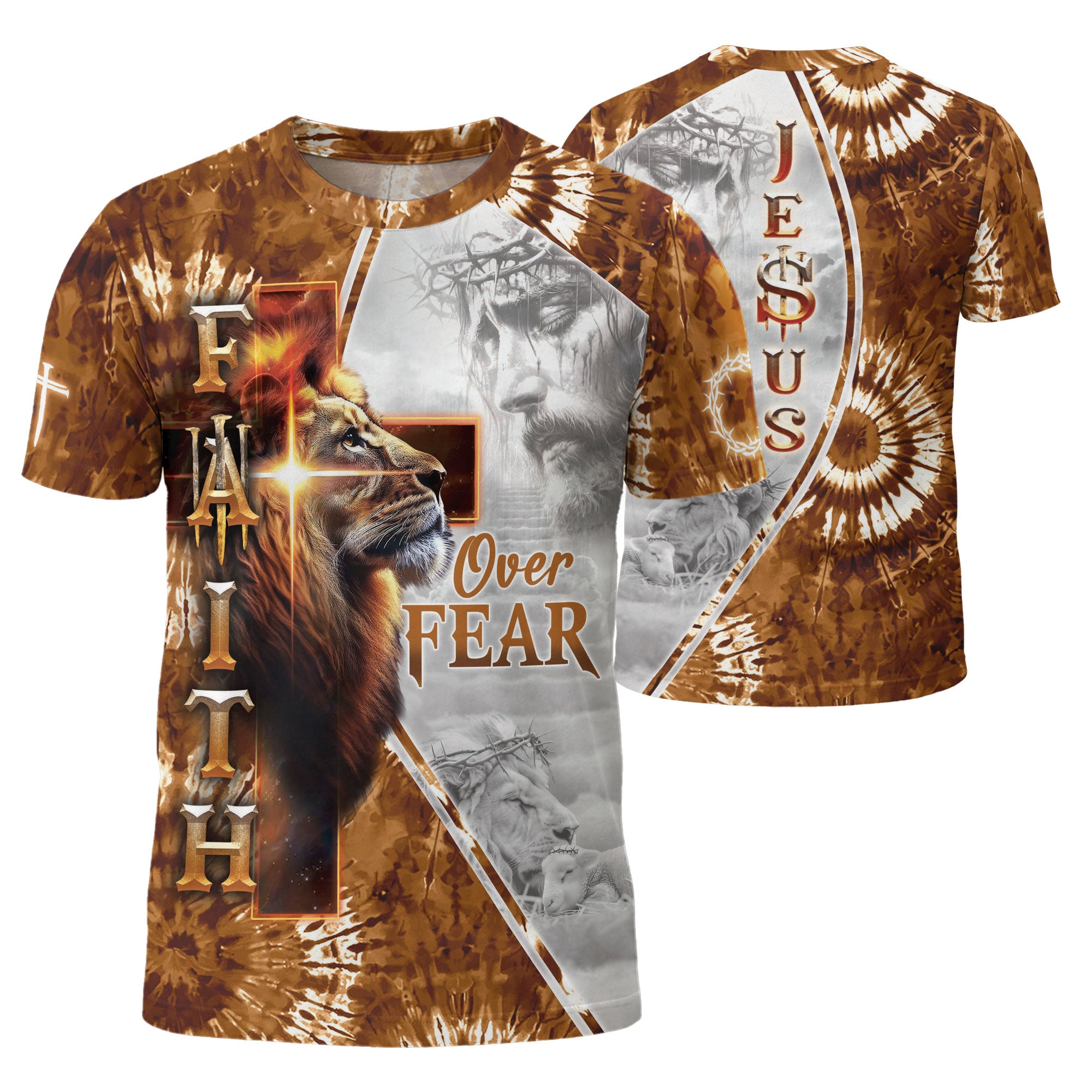 Christian Tee Shirts for Men, RustField Co - Faith Over Fear Lion and Jesus Cross, Freedom Shirts - Rust Field Wear