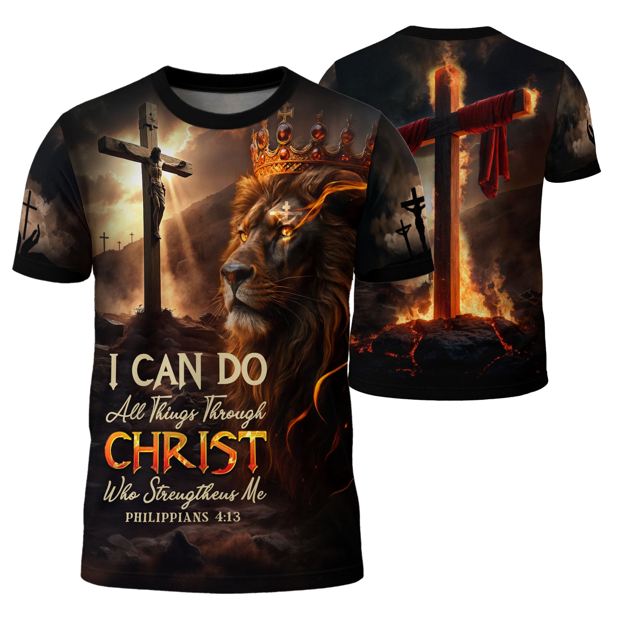 RustField Co, I Can Do All Things Through Christ Lion of Judah Cross Fire - Christian Tee Shirts for Men, Freedom Shirts - Rust Field Wear