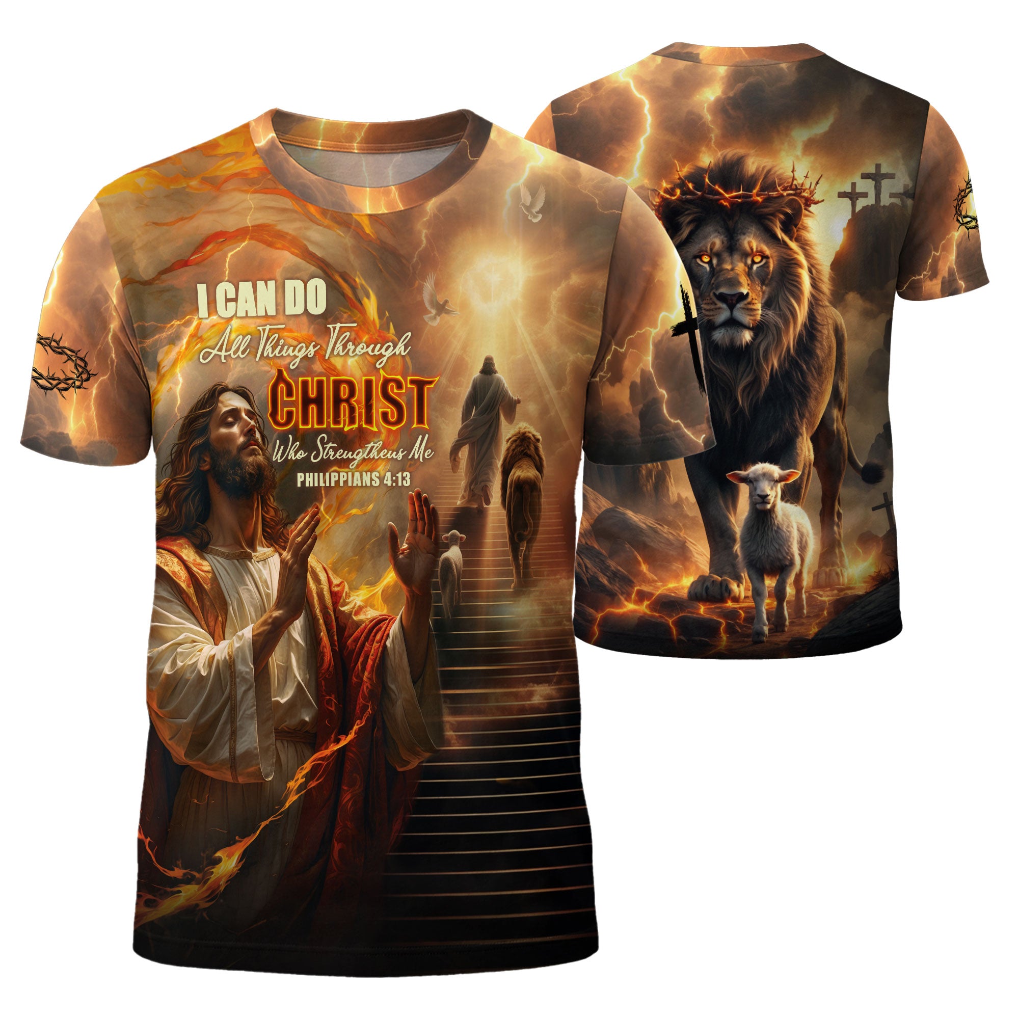 Christian Tee Shirts for Men, RustField Co - I Can Do All Things Through Christ Lion and Lamb Lightning, Freedom Shirts - Rust Field Wear