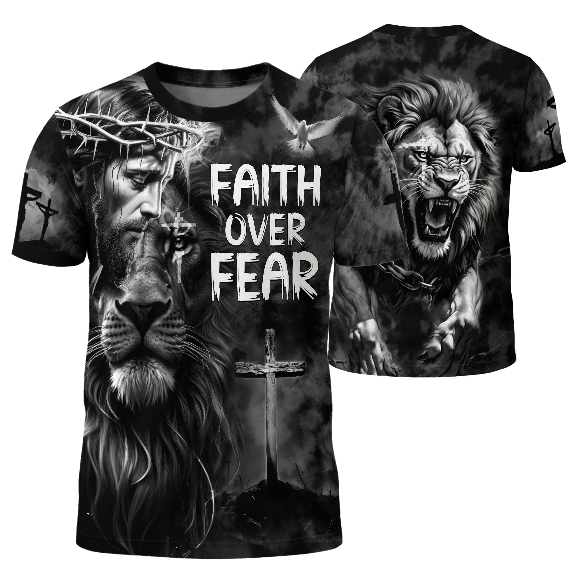 Faith Over Fear Jesus Lion of Judah Cross - RustField Co Freedom Shirts, Christian Tee Shirts for Men - Rust Field Wear