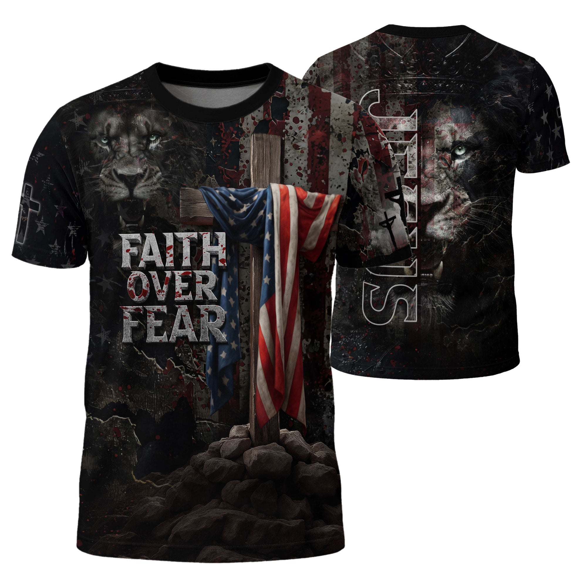 Faith Over Fear American Flag Cross Jesus Lion Of Judah Patriotic - Christian Tee Shirts for Men, Freedom Shirts, RustField Co - Rust Field Wear