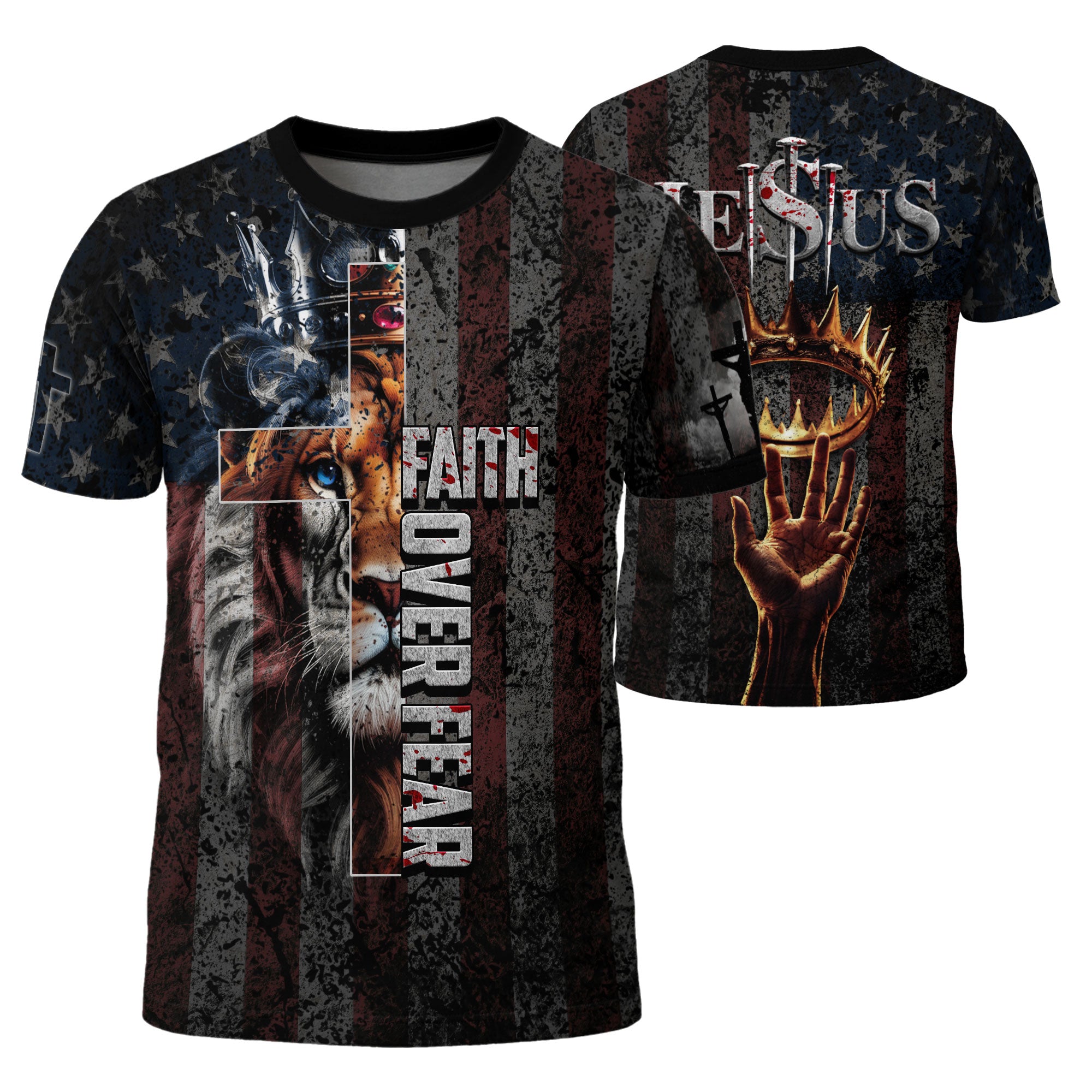 RustField Co, Faith Over Fear Jesus Crown Lion Of Judah American Flag Warrior - Christian Tee Shirts for Men, Freedom Shirts - Rust Field Wear