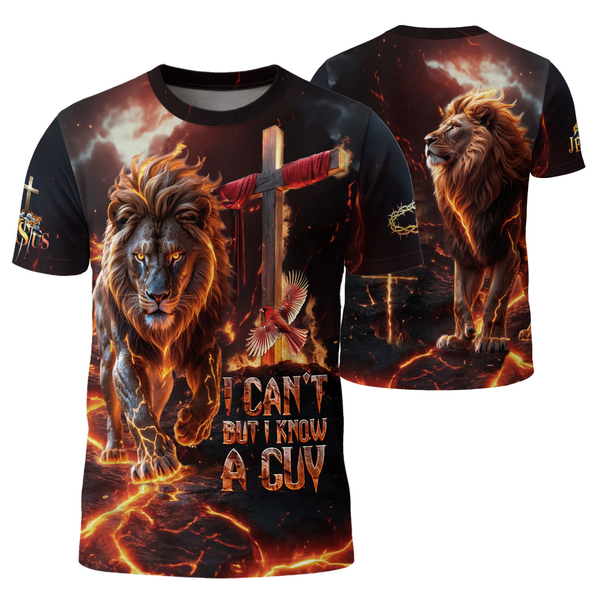 Christian Tee Shirts, I Can't But I Know A Guy Jesus Cross Lion Of Judah Fire Faith - Freedom Shirts for Men, RustField Co - Rust Field Wear