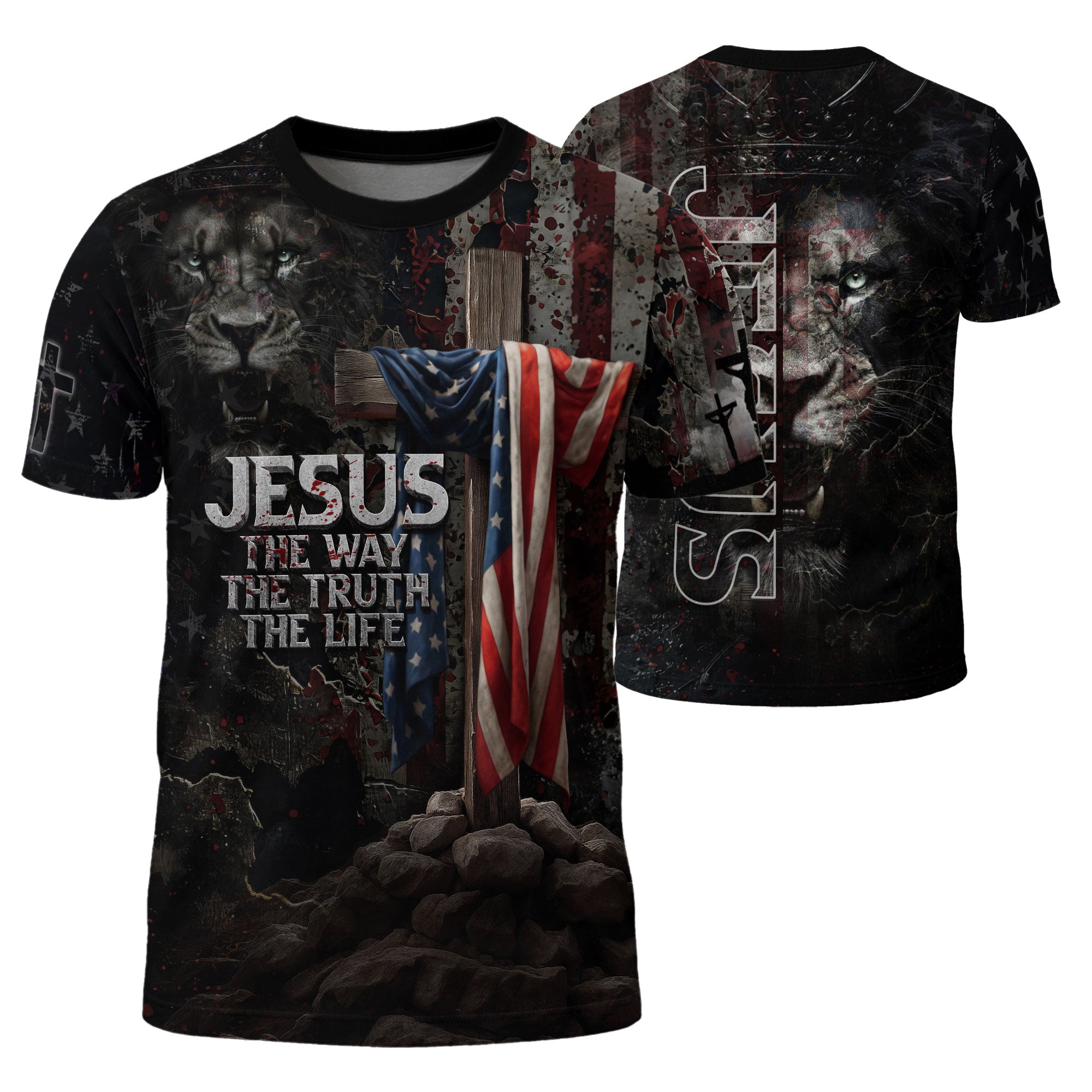RustField Co Freedom Shirts - Jesus The Way The Truth The Life American Flag Cross Lion, Christian Tee Shirts for Men - Rust Field Wear