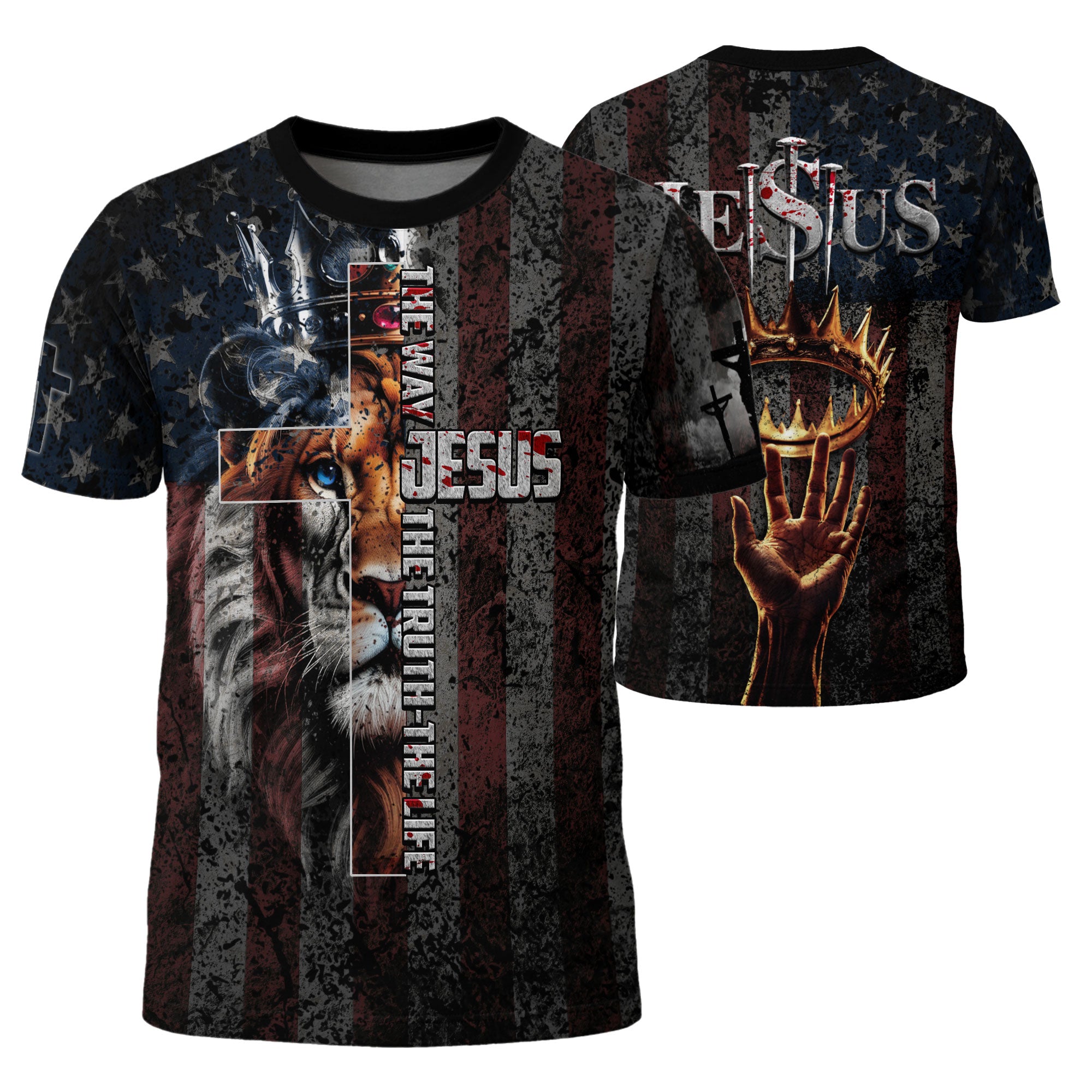 Christian Tee Shirts for Men - Jesus The Way The Truth The Life Lion Crown Cross American Flag, RustField Co Freedom Shirts - Rust Field Wear