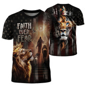 Faith Over Fear Lion of Judah Jesus American Flag Christian Tee Shirts - Freedom Shirts for Men, RustField Co - Rust Field Wear