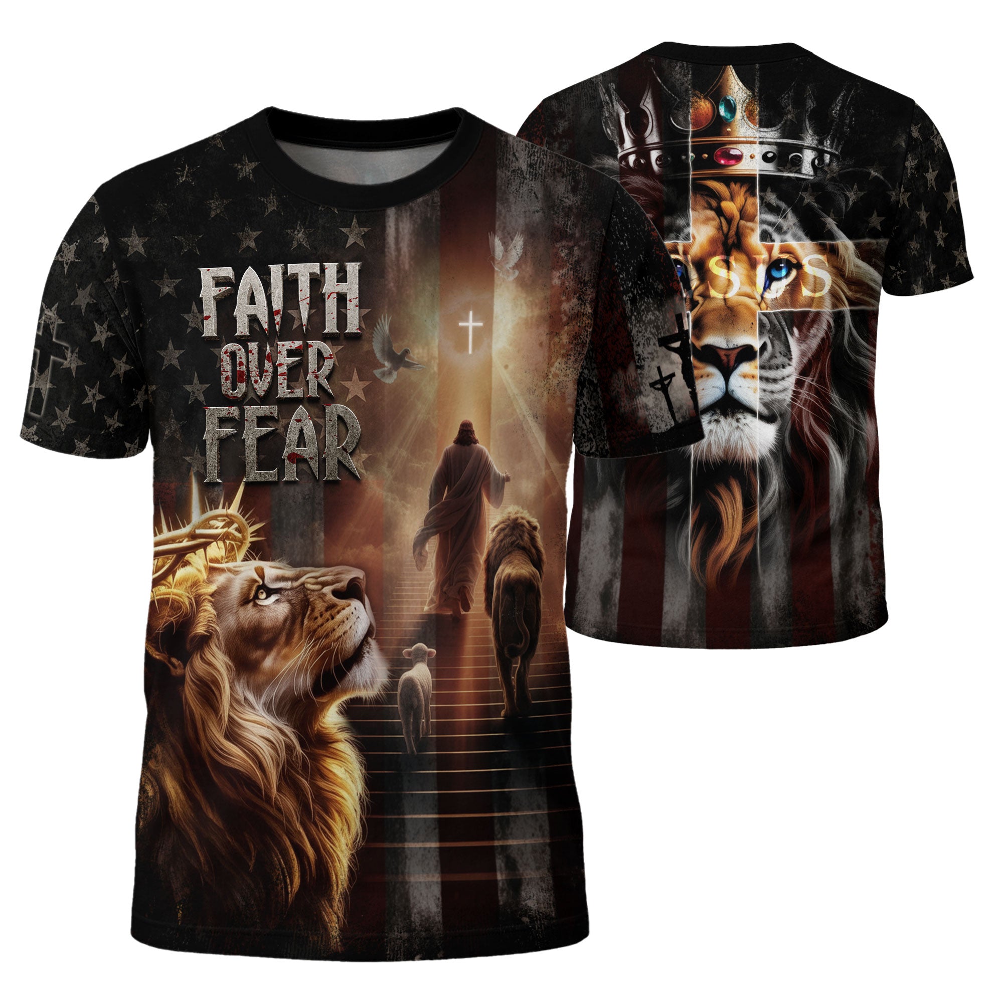 Faith Over Fear Lion of Judah Jesus American Flag Christian Tee Shirts - Freedom Shirts for Men, RustField Co - Rust Field Wear