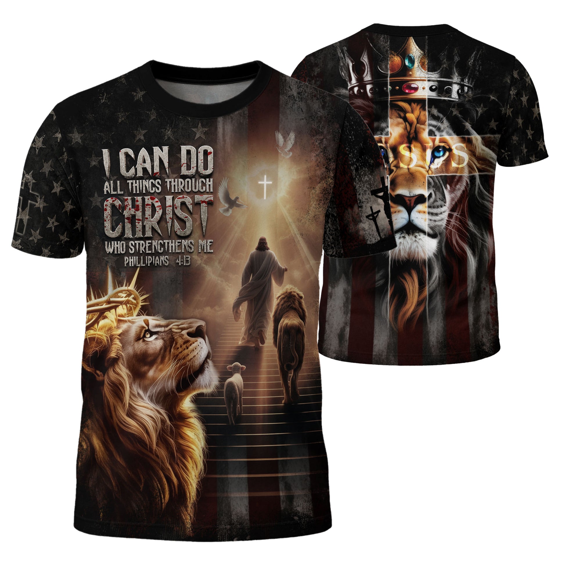 Freedom Shirts for Men, I Can Do All Things Through Christ Lion of Judah American Flag - Christian Tee Shirts, RustField Co - Rust Field Wear