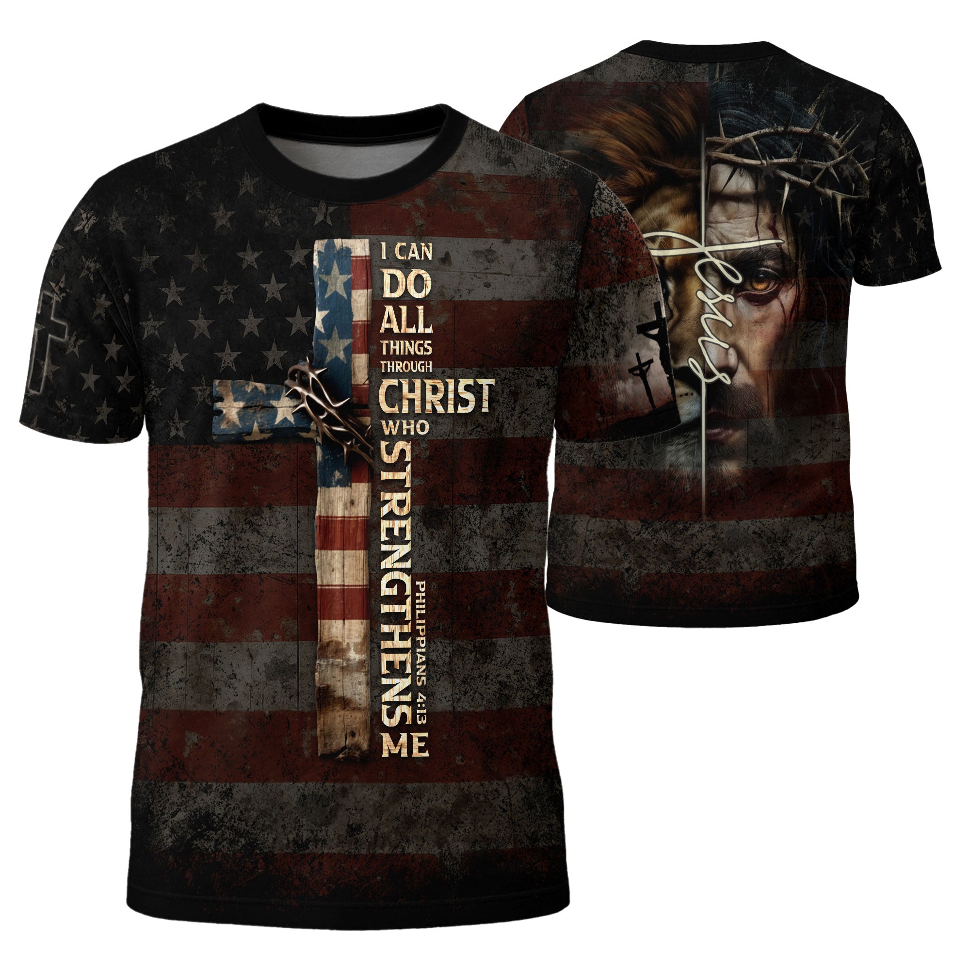 RustField Co Christian Tee Shirts - I Can Do All Things Through Christ Cross American Flag Jesus Lion, Freedom Shirts for Men - Rust Field Wear