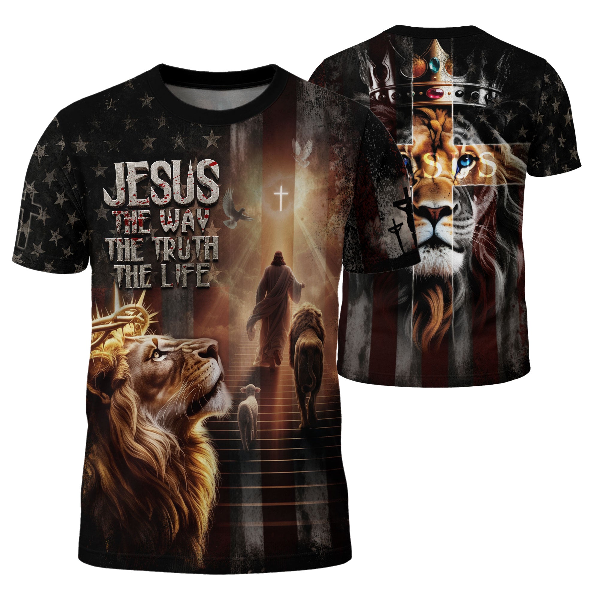 Jesus The Way The Truth The Life Lion of Judah American Flag, Freedom Shirts - Christian Tee Shirts for Men, RustField Co - Rust Field Wear
