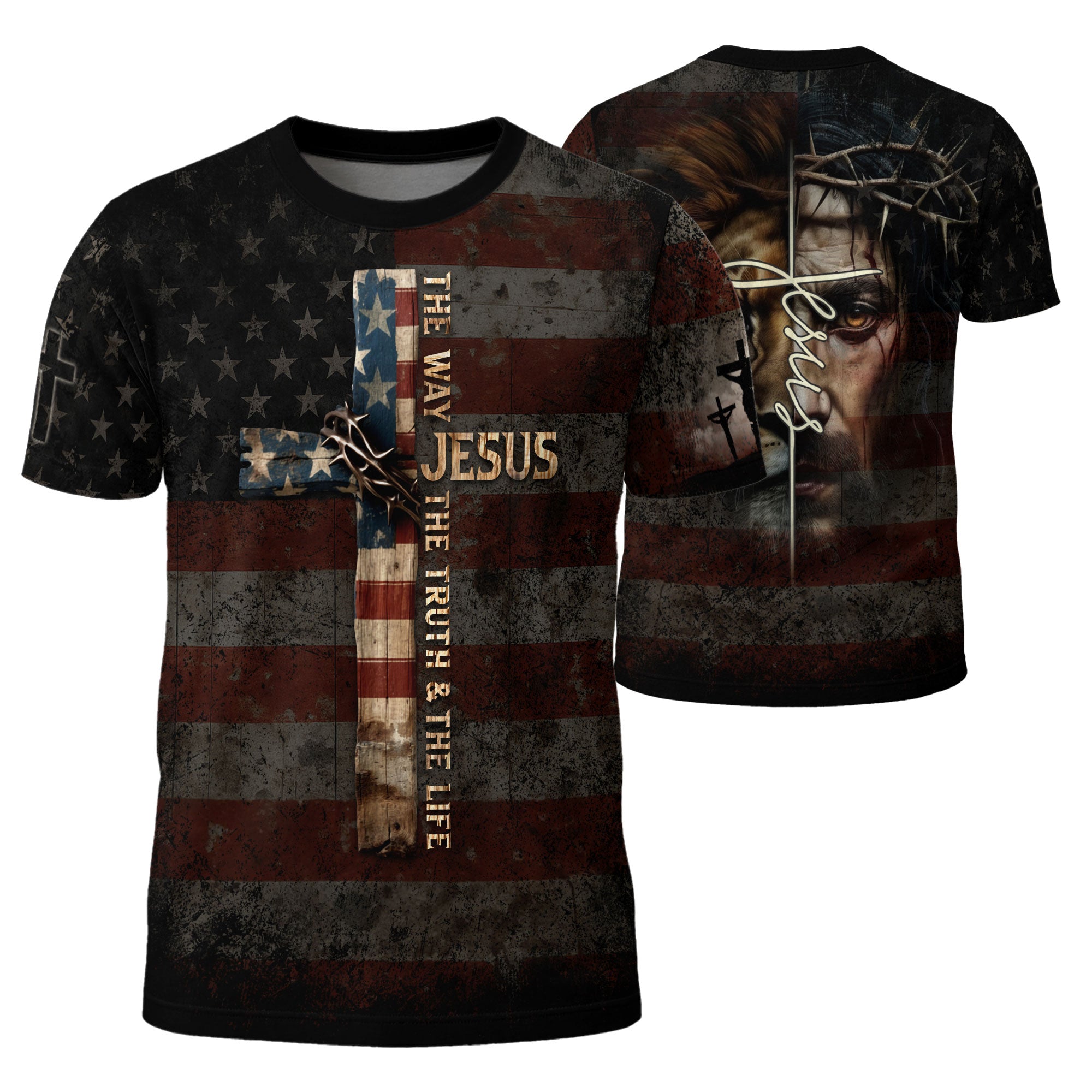 Christian Tee Shirts, Jesus The Way The Truth The Life Cross American Flag Lion - Freedom Shirts for Men, RustField Co - Rust Field Wear