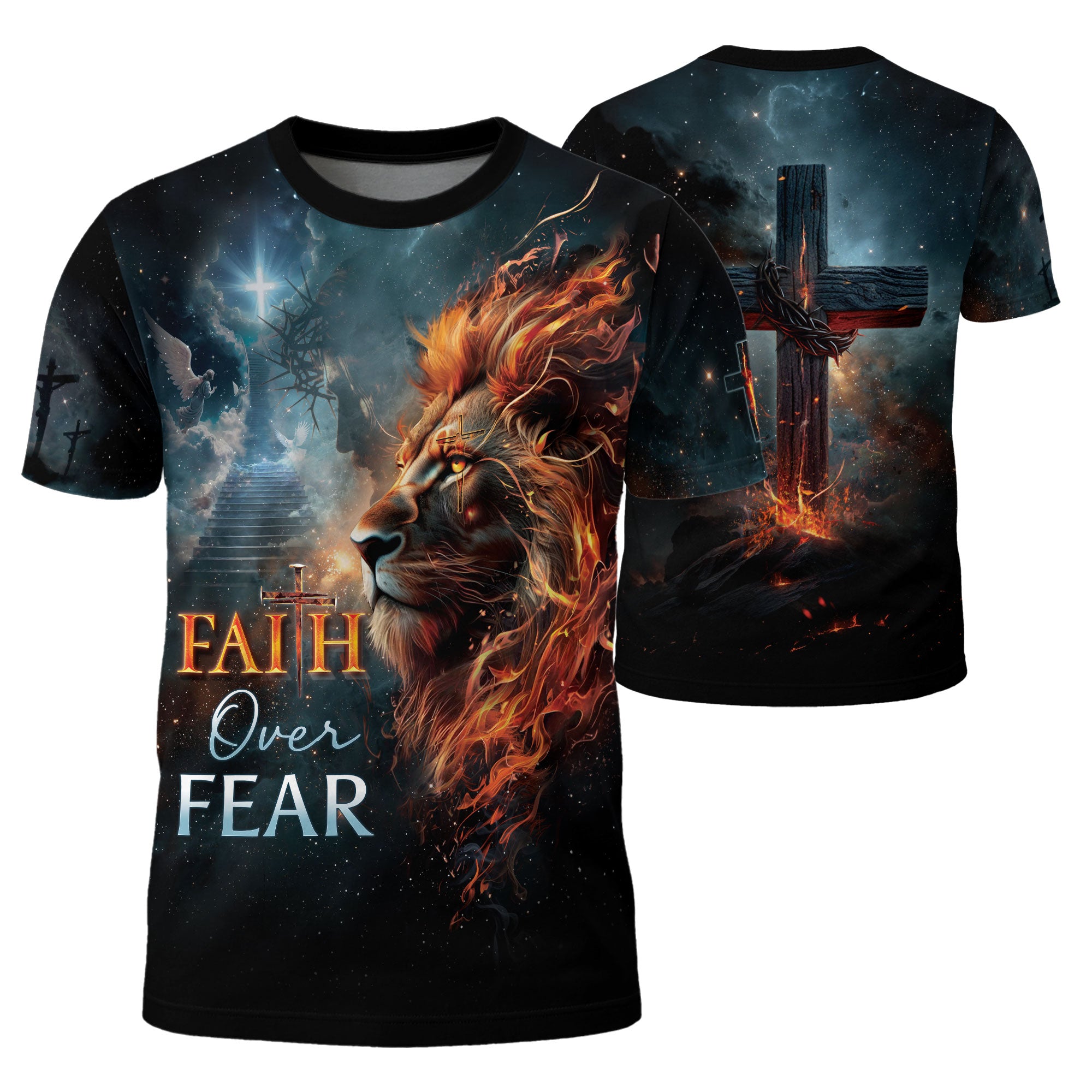 RustField Co Freedom Shirts - Faith Over Fear Lion Cross Fire Galaxy, Christian Tee Shirts for Men - Rust Field Wear