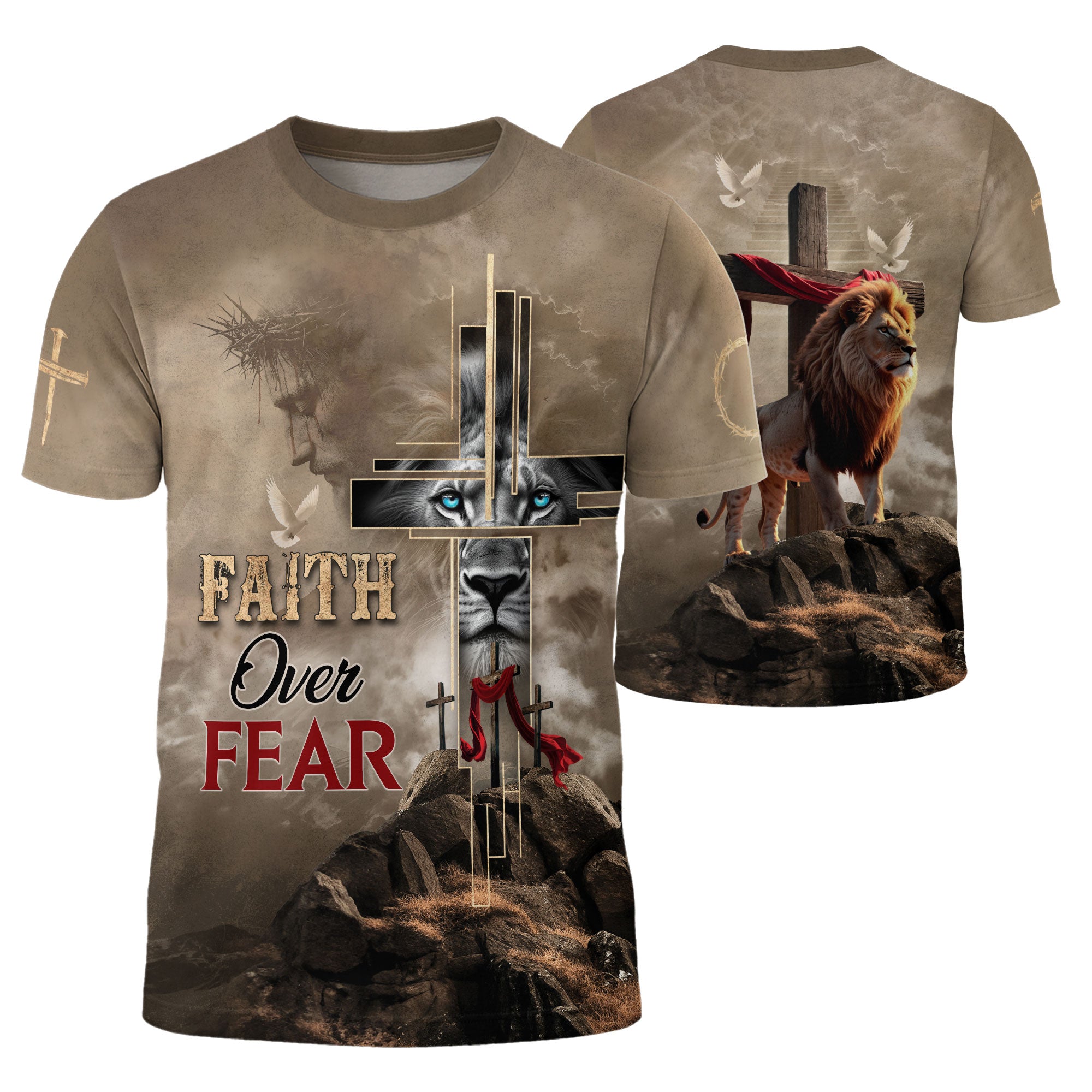 Christian Tee Shirts for Men - Faith Over Fear Lion Cross Desert Light, RustField Co Freedom Shirts - Rust Field Wear