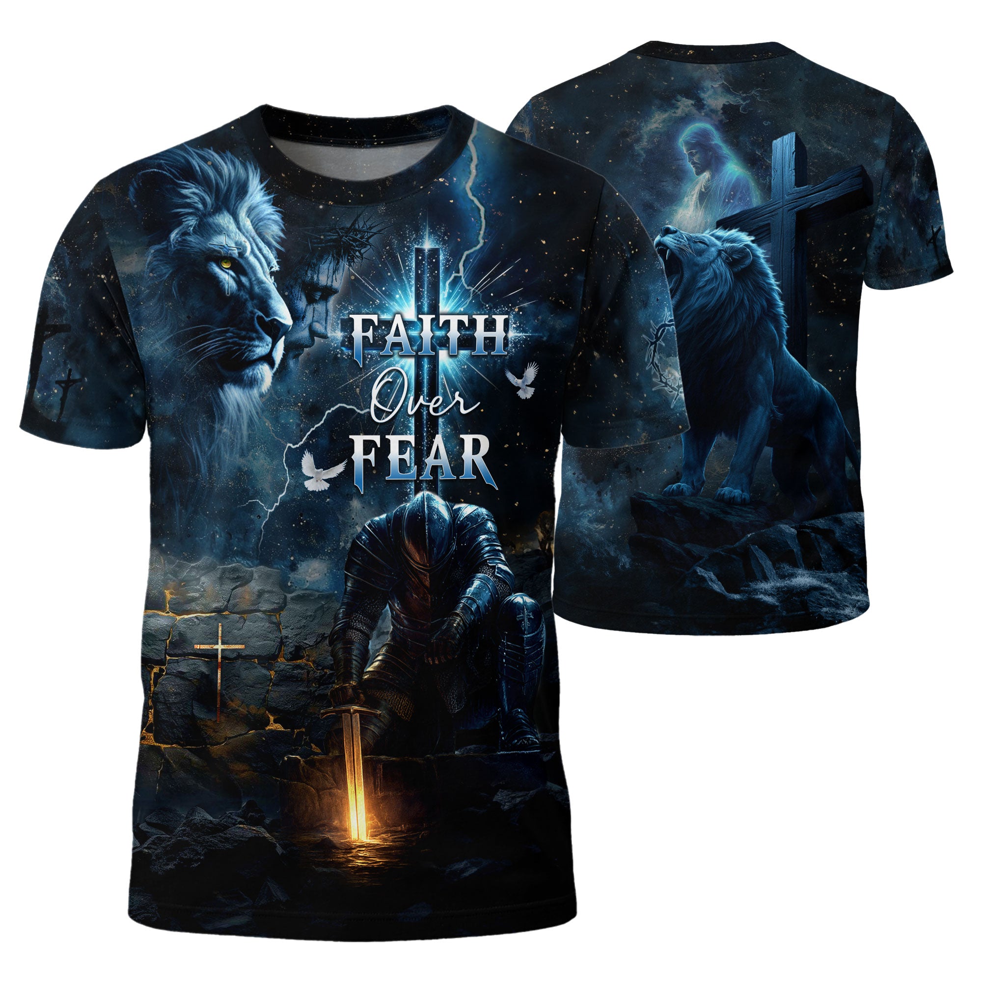 Faith Over Fear Lion Cross Warrior Night Christian Tee Shirts - Freedom Shirts for Men, RustField Co - Rust Field Wear