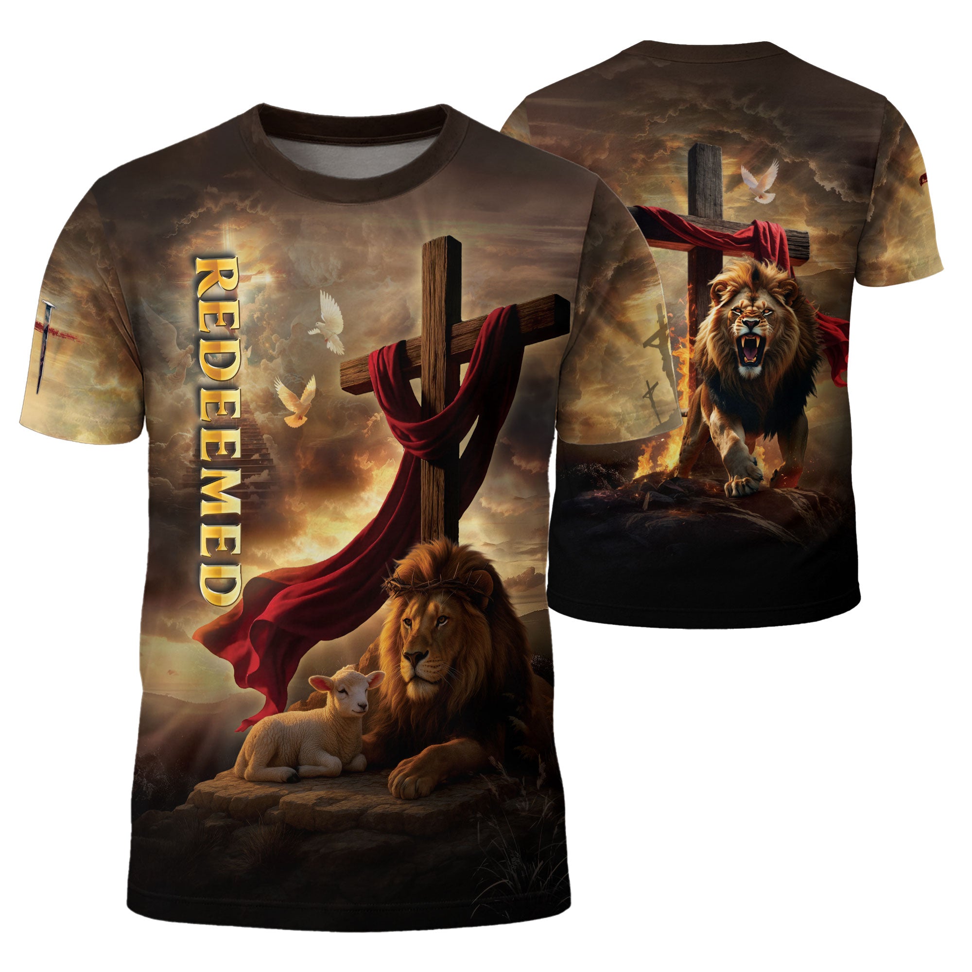 Christian Tee Shirts, Redeemed Lion Cross Lamb Faith - Freedom Shirts for Men, RustField Co - Rust Field Wear