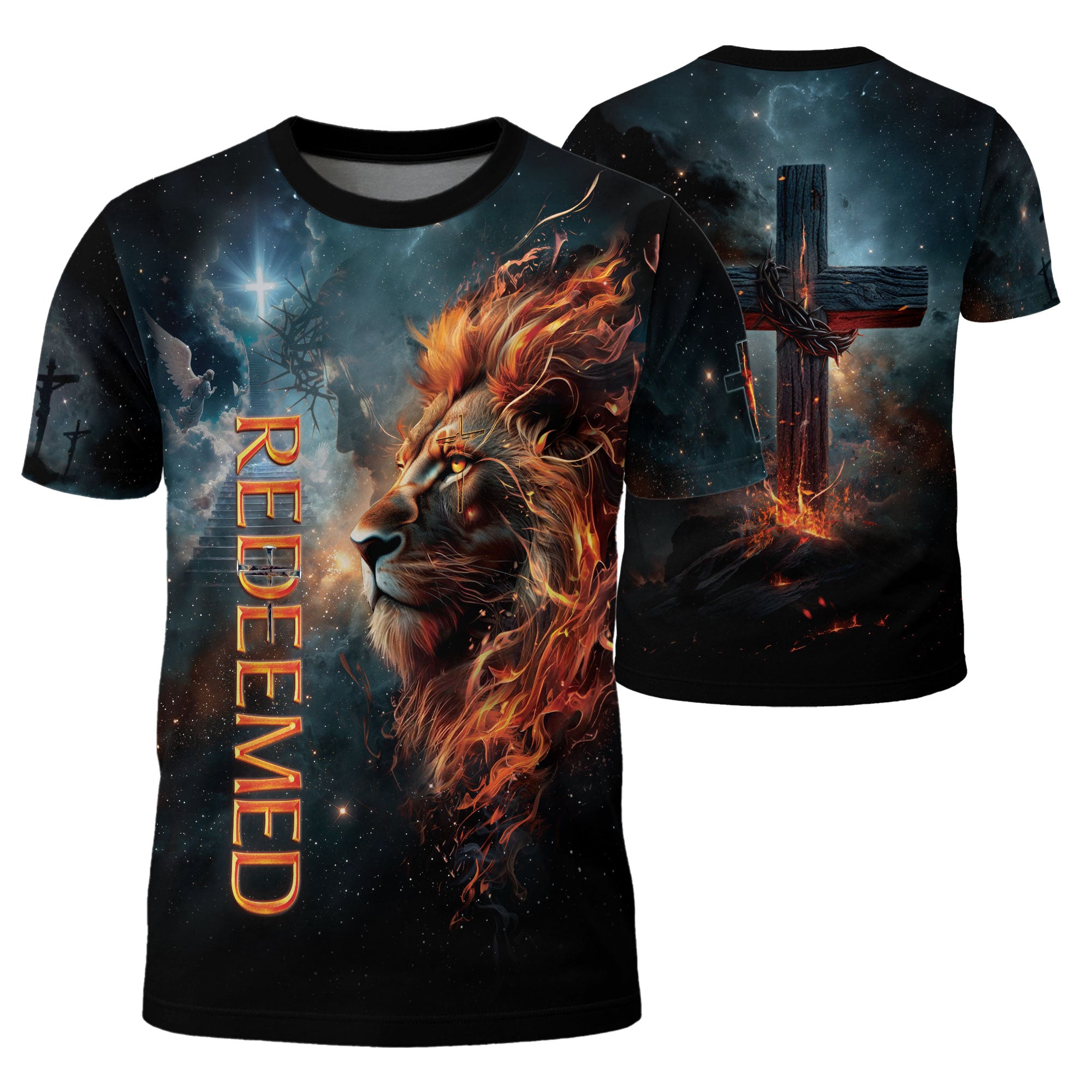 Redeemed Lion Cross Fire Galaxy - Christian Tee Shirts for Men, Freedom Shirts, RustField Co - Rust Field Wear