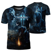 Christian Tee Shirts for Men, RustField Co - Redeemed Lion Warrior Cross Night, Freedom Shirts - Rust Field Wear