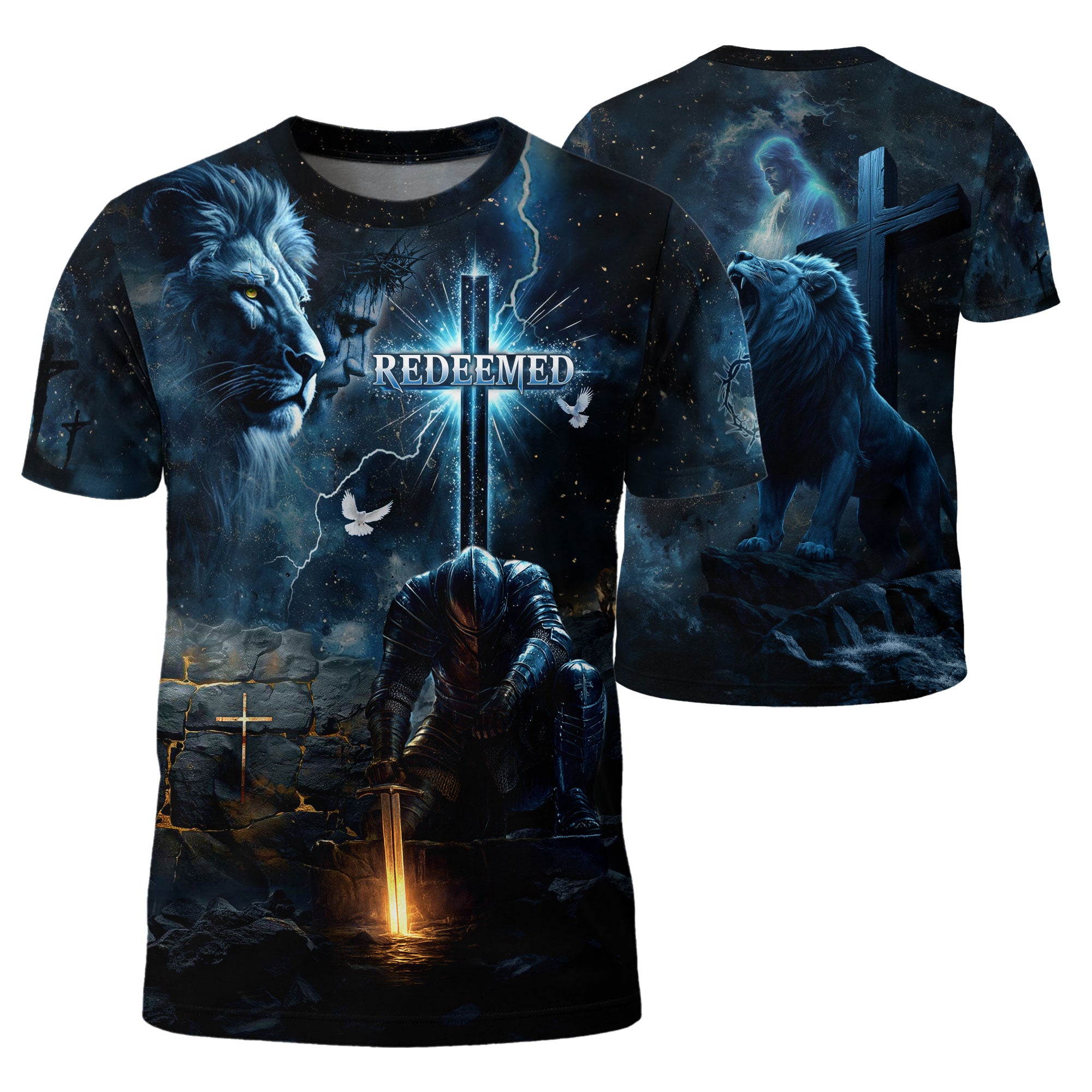 Christian Tee Shirts for Men, RustField Co - Redeemed Lion Warrior Cross Night, Freedom Shirts - Rust Field Wear