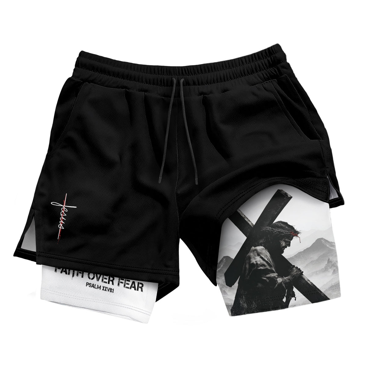 Faith Over Fear Christian Gym Shorts for Men Jesus Cross Design - Rust Field Wear