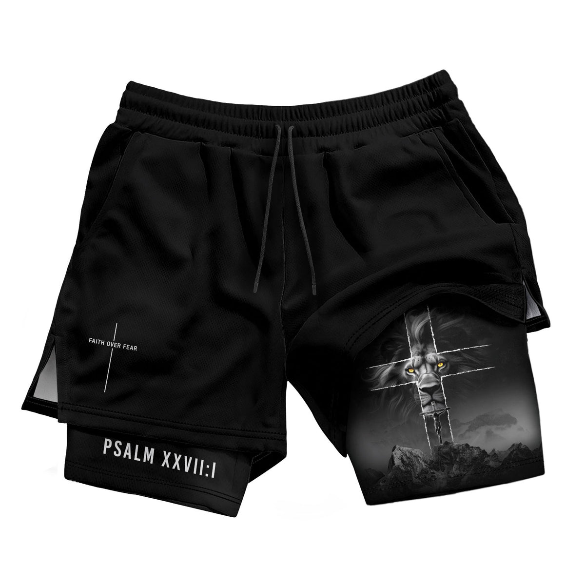 Faith Over Fear Christian Gym Shorts for Men Lion Cross Psalms 27:1 - Rust Field Wear