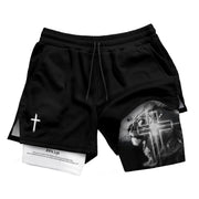 John 3:16 Christian Gym Shorts for Men Lion Cross Faith Design - Rust Field Wear