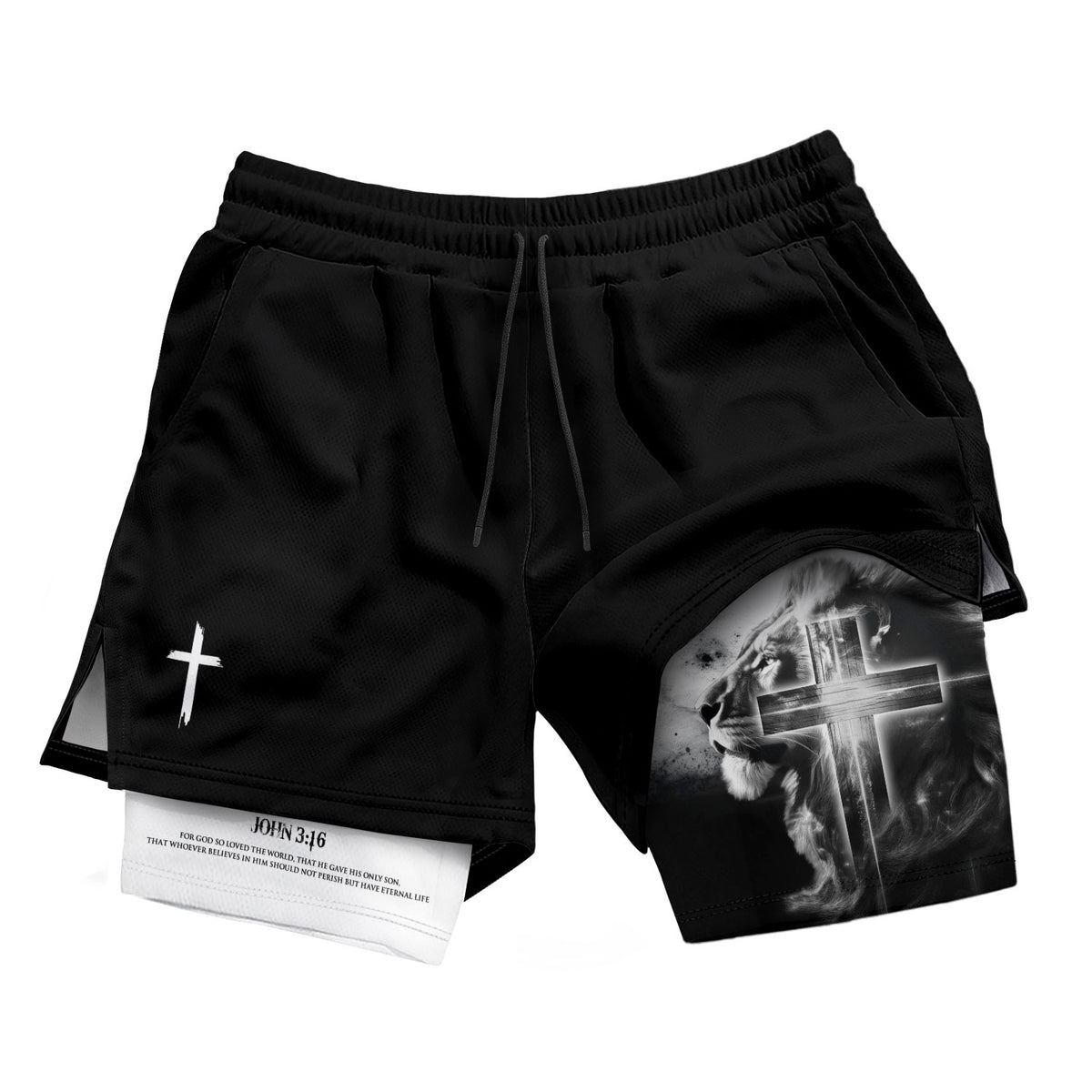 John 3:16 Christian Gym Shorts for Men Lion Cross Faith Design - Rust Field Wear