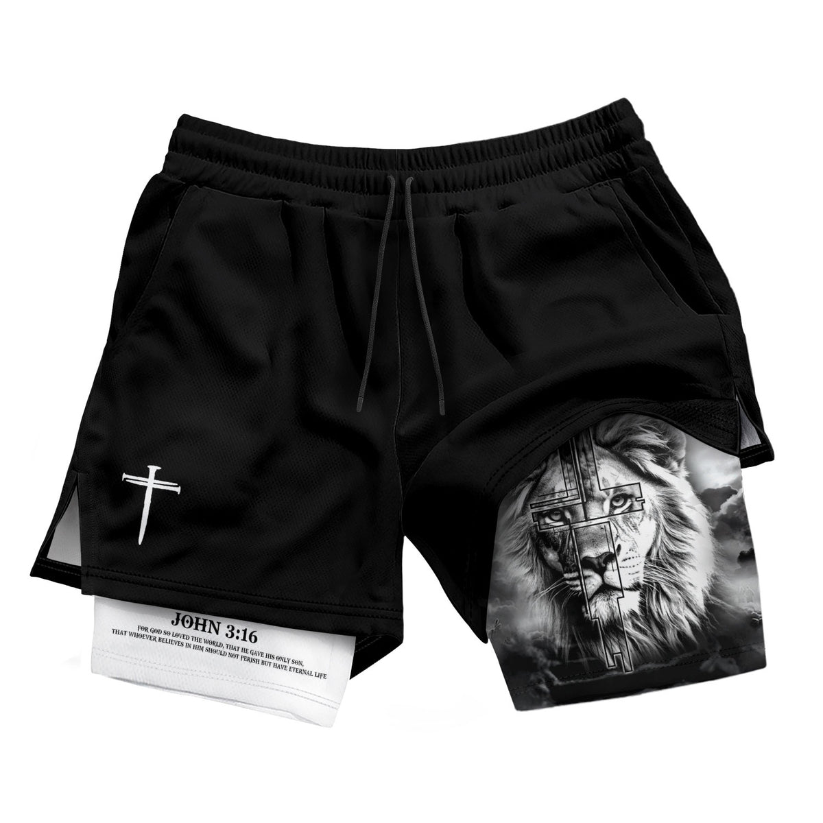 John 3:16 Christian Gym Shorts for Men Lion Cross Faith Shorts - Rust Field Wear