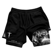 John 3:16 Christian Gym Shorts for Men Lion Cross Jesus Design - Rust Field Wear