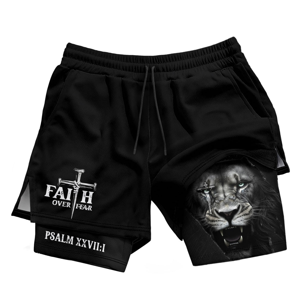 Psalm 27:1 Faith Over Fear Christian Gym Shorts Lion Cross Design - Rust Field Wear
