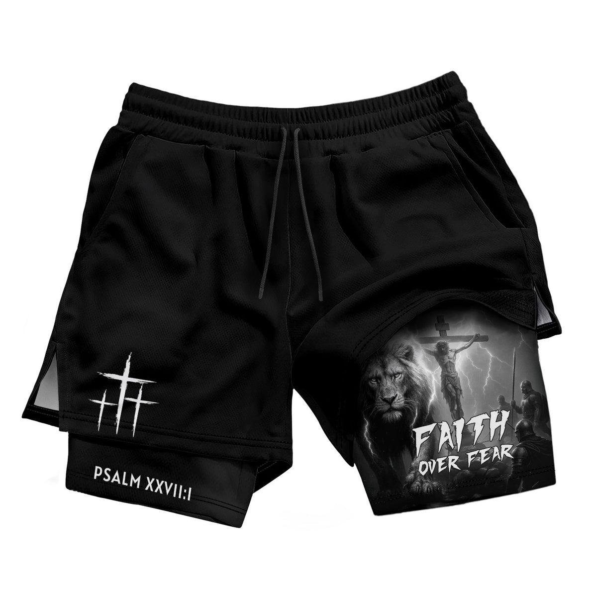 Psalm 27:1 Faith Over Fear Christian Gym Shorts Lion and Cross Design - Rust Field Wear
