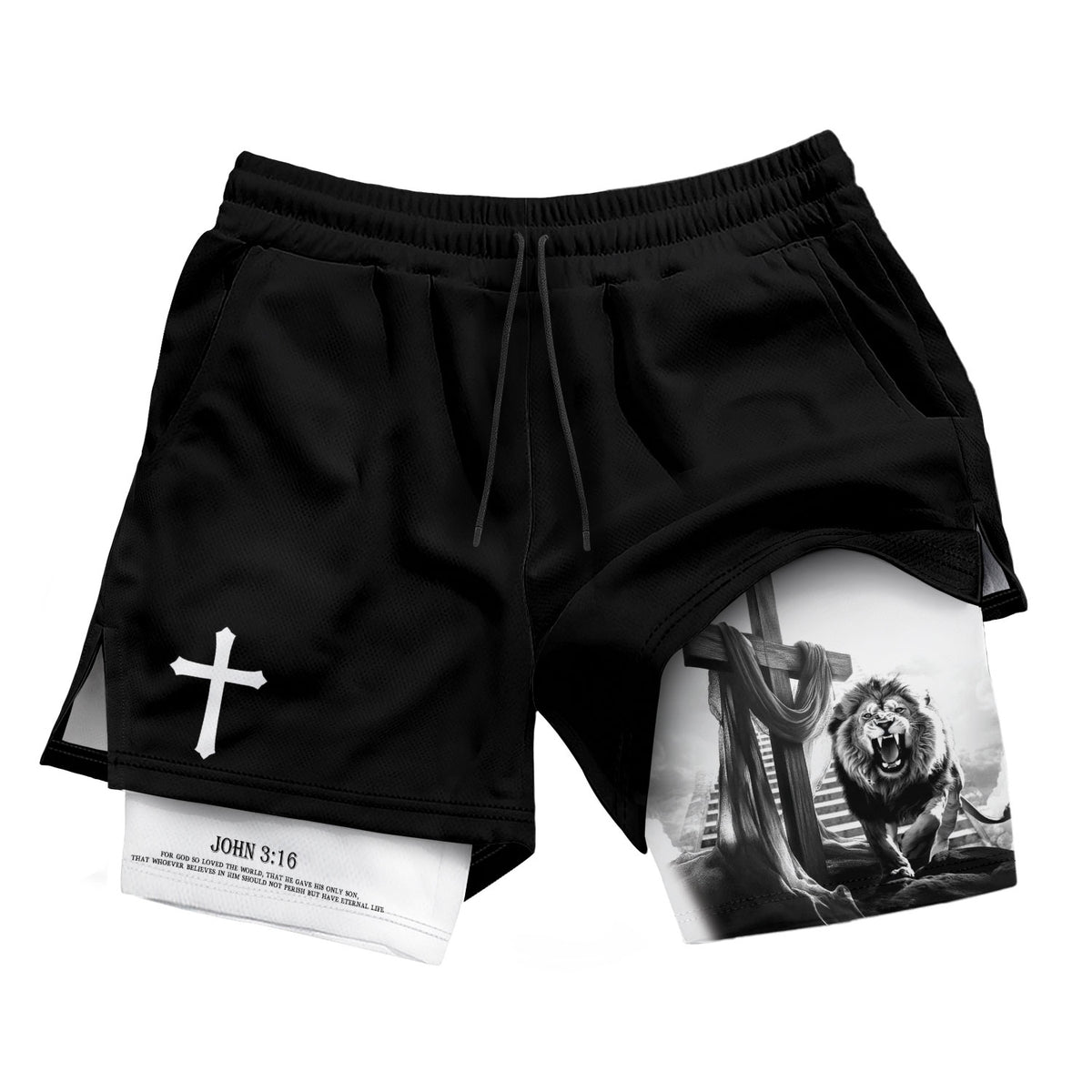 Christian Lion Cross Shorts for Men John 3:16 Bible Verse - Rust Field Wear