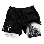 Christian Lion Cross Shorts for Men John 3:16 Bible Verse - Rust Field Wear