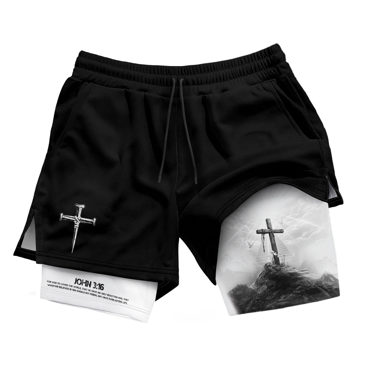 John 3:16 Christian Gym Shorts for Men with Liner Cross Design Religious - Rust Field Wear