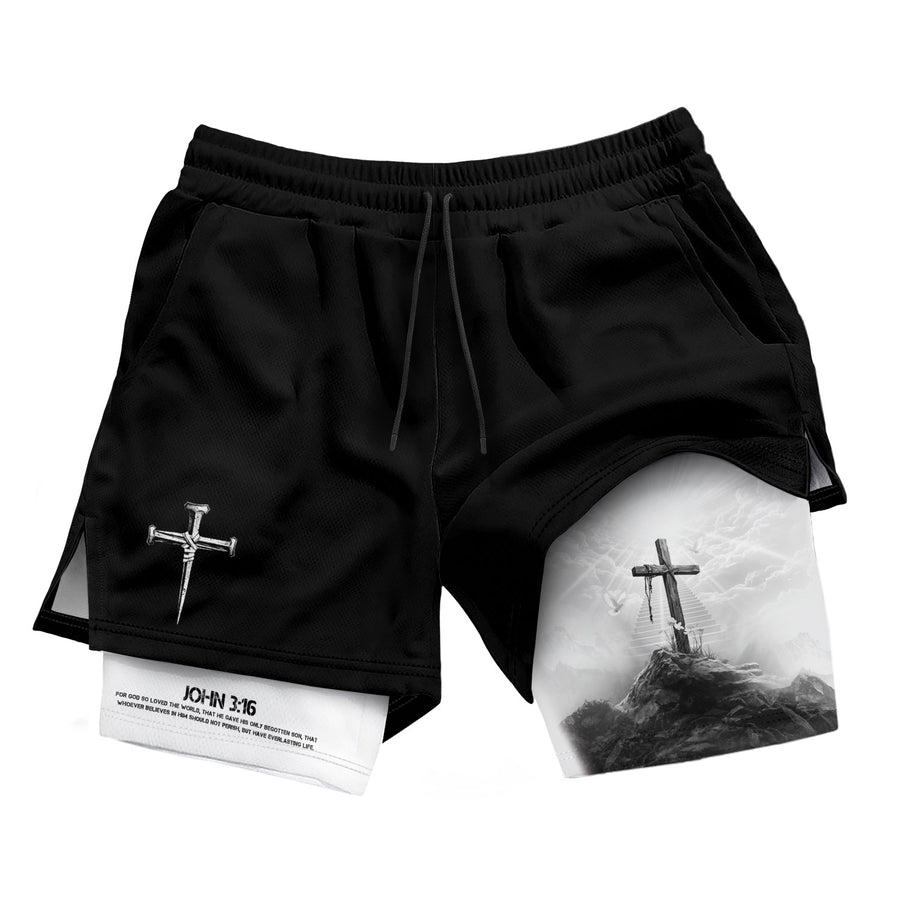 John 3:16 Christian Gym Shorts for Men with Liner Cross Design Religious