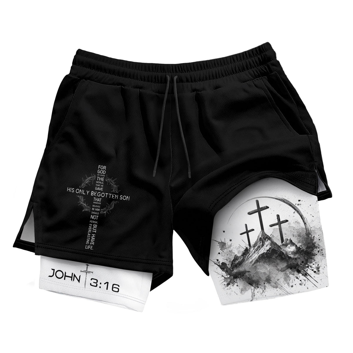 John 3:16 Christian Gym Shorts for Men with Liner Mountain Cross Design - Rust Field Wear