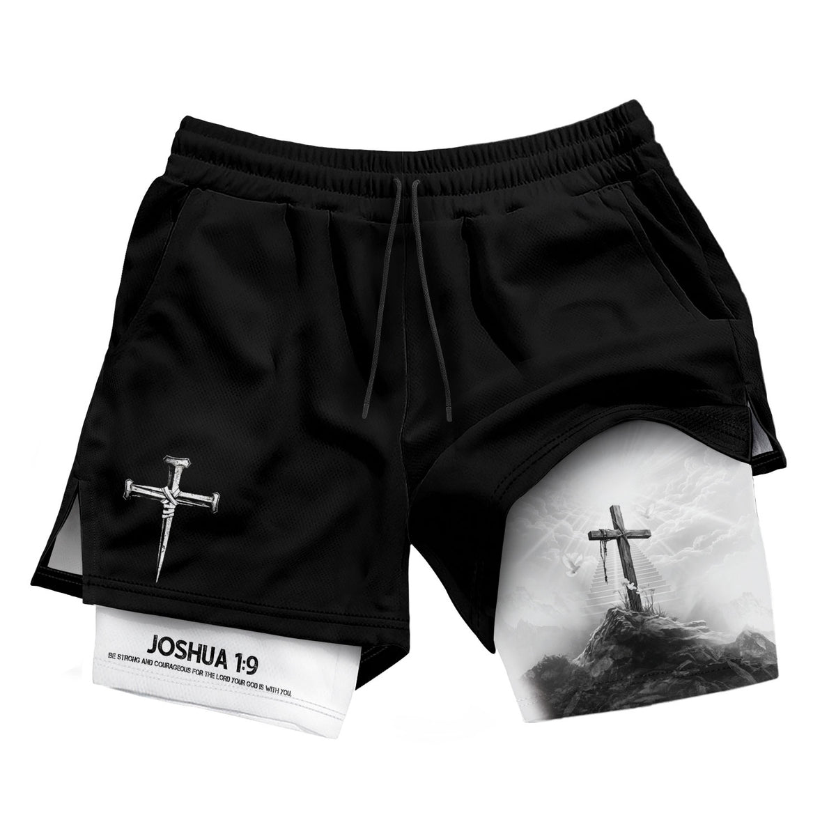 Joshua 1:9 Cross Mountain Christian Gym Shorts Faith Strength - Rust Field Wear