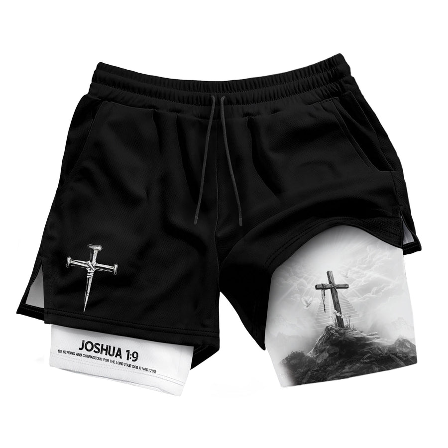 Joshua 1:9 Cross Mountain Christian Gym Shorts Faith Strength