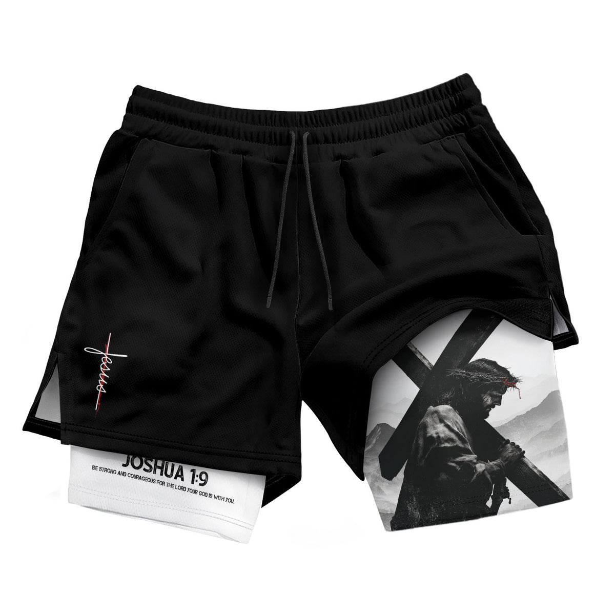 Joshua 1:9 Jesus Carrying Cross Christian Gym Shorts Faith Strength - Rust Field Wear